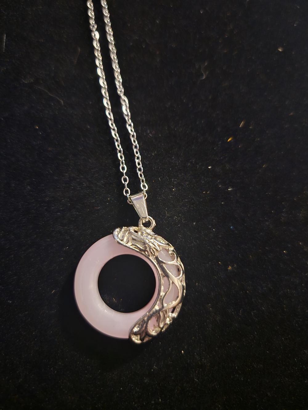 Silver Dragon Accent Pink Circle Pendant Necklace